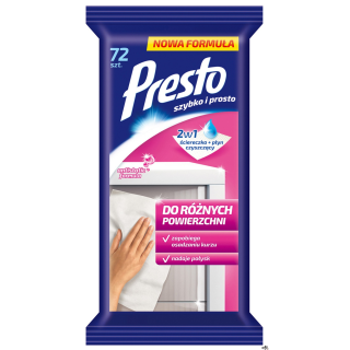 ściereczki nawilżane Presto do różnych powierzchni przeznaczone są do czyszczenia mebli laminowanych, powierzchni plastikowych o