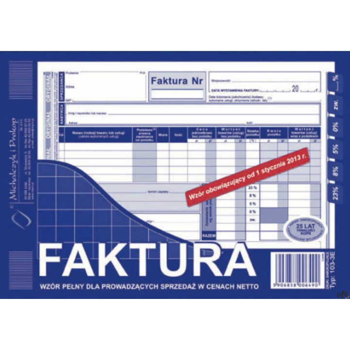 103-3E Faktura VAT netto (pełna) A5 oryginał+kopia MICHALCZYK i PROKOP