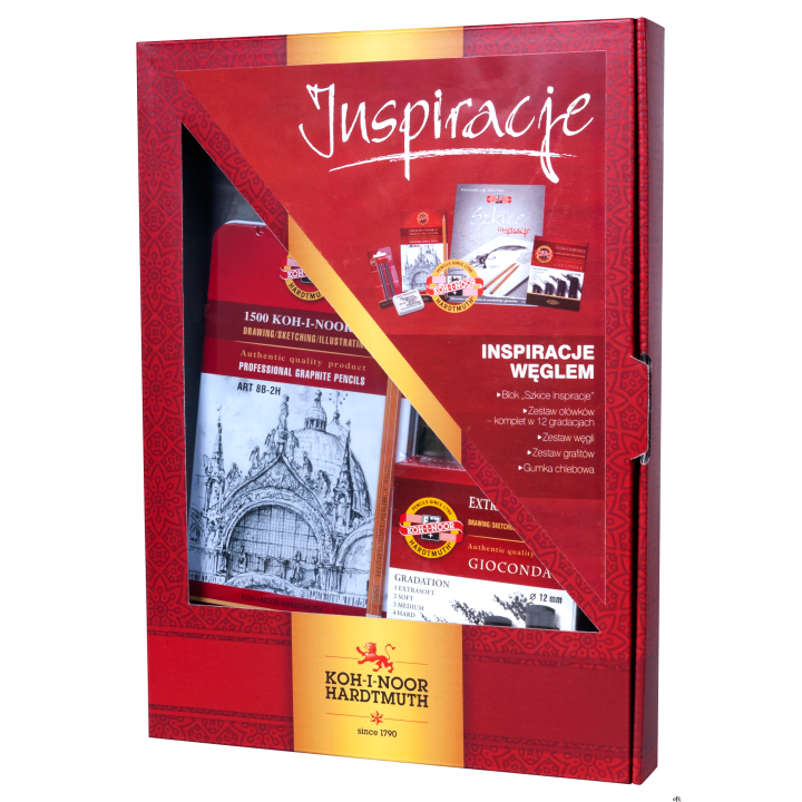 W skład zestawu wchodzą:_zestaw ołówków 1502/II_grafit w sztyfcie 4390/2B/bl_zestaw wegli prasowanych 8694_gumka_blok _szkice in