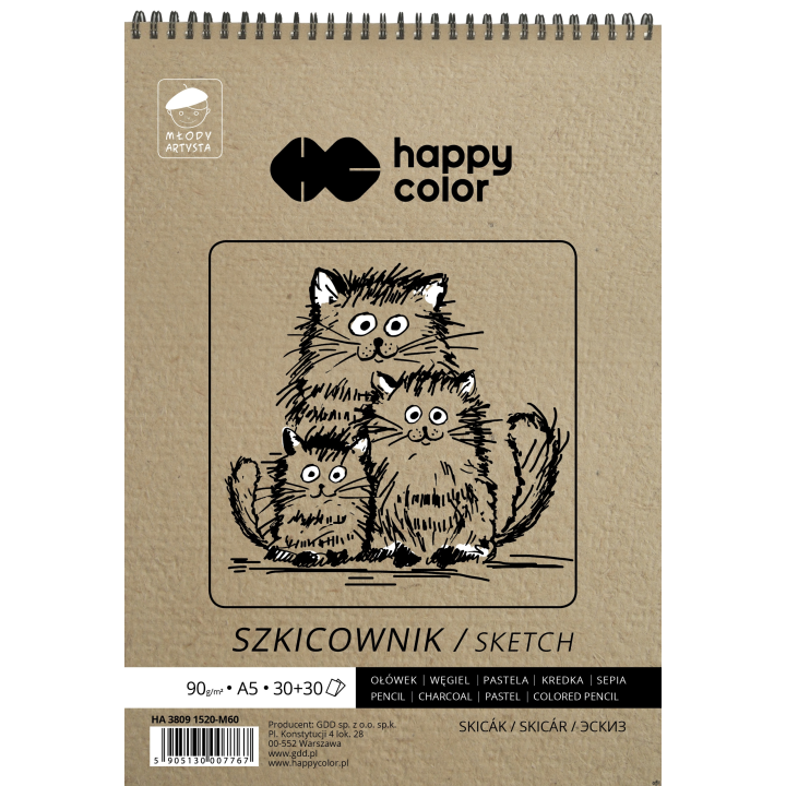 Szkicownik na spirali Młody Artysta, A5, 60 ark, 80/90g, Happy Color HA 3809 1520-M60 SALE