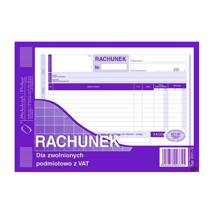 231-3 Rachunek A5 dla zwolnionych podmiotowo z VAT (poziom) MICHALCZYK i PROKOP