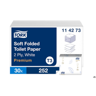 Papier toaletowy Tork w składce Premium, 2w. kolor biały, celuloza, 7560 szt./kartNumer artykułu 114273Papier toaletowy w składc