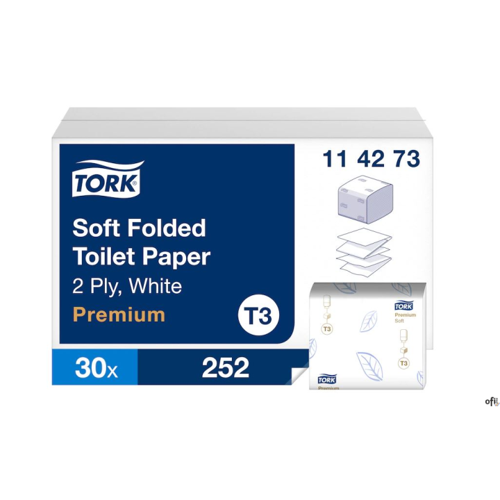 Papier toaletowy Tork w składce Premium, 2w. kolor biały, celuloza, 7560 szt./kartNumer artykułu 114273Papier toaletowy w składc