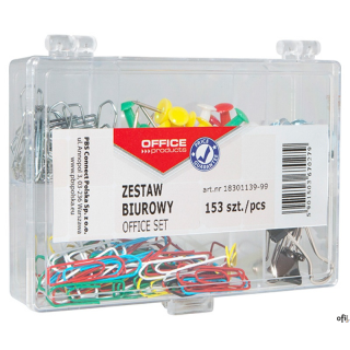 zestaw biurowy w praktycznym organizerze_w skład zestawu wchodzi pinezka tablicowa (20 szt.), spinacz metalowy 26 mm (25 szt.), 