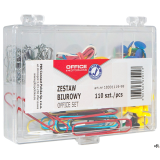 zestaw biurowy w praktycznym organizerze_w skład zestawu wchodzi pinezka tablicowa (15 szt.), gumki (5 g), spinacz kolorowy 50mm