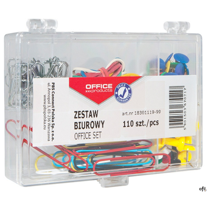 zestaw biurowy w praktycznym organizerze_w skład zestawu wchodzi pinezka tablicowa (15 szt.), gumki (5 g), spinacz kolorowy 50mm