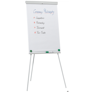 flipchart z tablicą o powierzchni suchościeralno-magnetycznej_całość oparta na trójnogu_stelaż z regulacją wysokości max. 180cm_