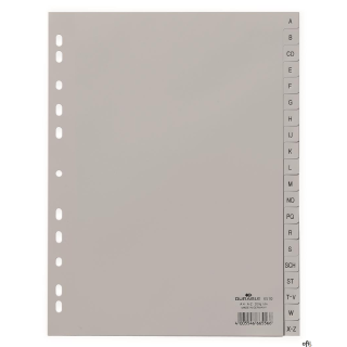 Z wytłoczonymi literami do alfabetycznego podziału. Podział: 20 kartek Format: A4 pionowy Wysokość x szerokość (mm): 297 x 215/2