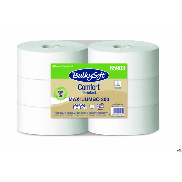 Papier toaletowy jumbo maxi BulkySoft Comfort De-inked, 2 warstwy, kolor biały, celuloza z recyklinku, długość 300m, 6 rolek/op.