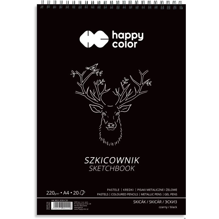 Szkicownik na spirali CZARNY A4, 20 ark, 220g, Happy Color HA 3822 2030-C20