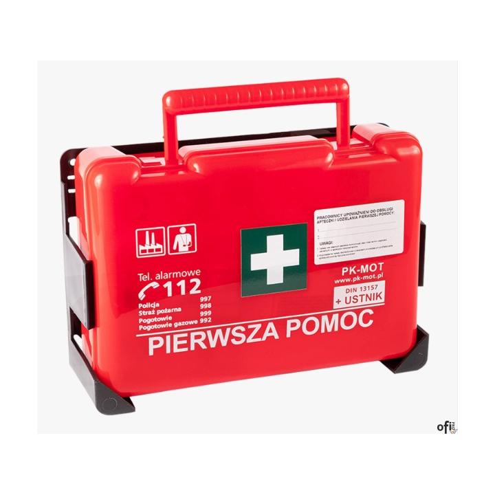 Apteczka pierwszej pomocy, zakładowa.wykonana z tworzywa sztucznego (polistyren)wyposażenie zgodne z normą DIN 13157:2022plaster