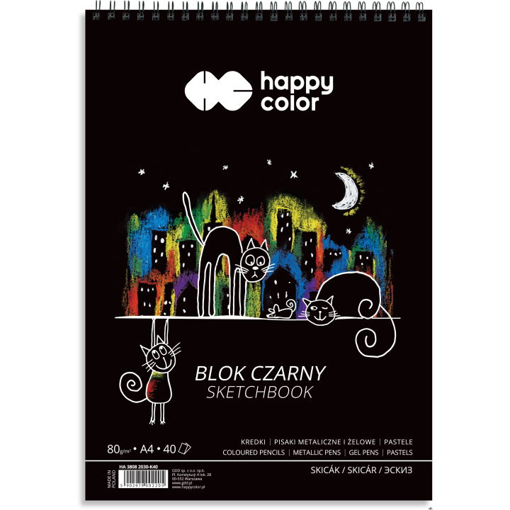Blok czarny na spirali KOTY A4, 40 ark, 80g, Happy Color HA 3808 2030-K40