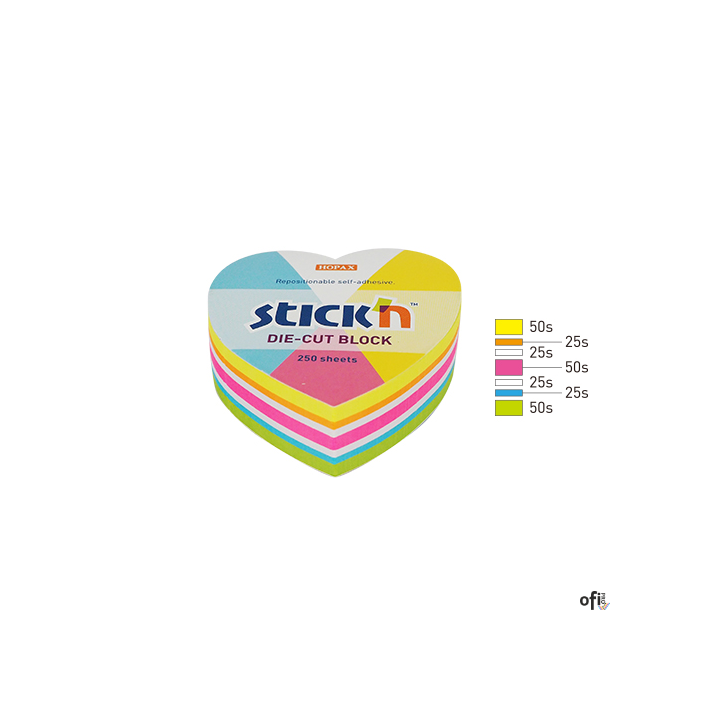 Notes serce, 64x67mm, mix 5 kol. neon+biały, 250kart. Stickn 21836