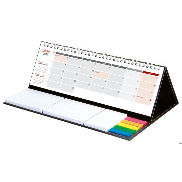 ilość stron - 12papier - biały 70g/m2wymiar&nbsp; - 309 x 99 mmpodstawa - tektura 2 mmspirala&nbsp;kalendarium PL 2026miesiąc bieżący, pop