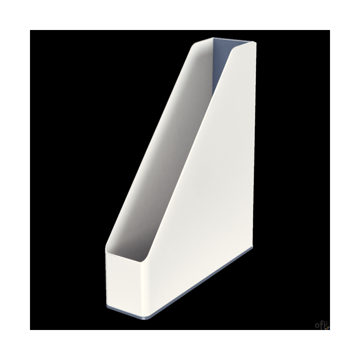 Najwyższej jakości pojemnik na czasopisma. Wzornictwo i kolorystyka spójna z linią produktów na biurko Leitz Plus.