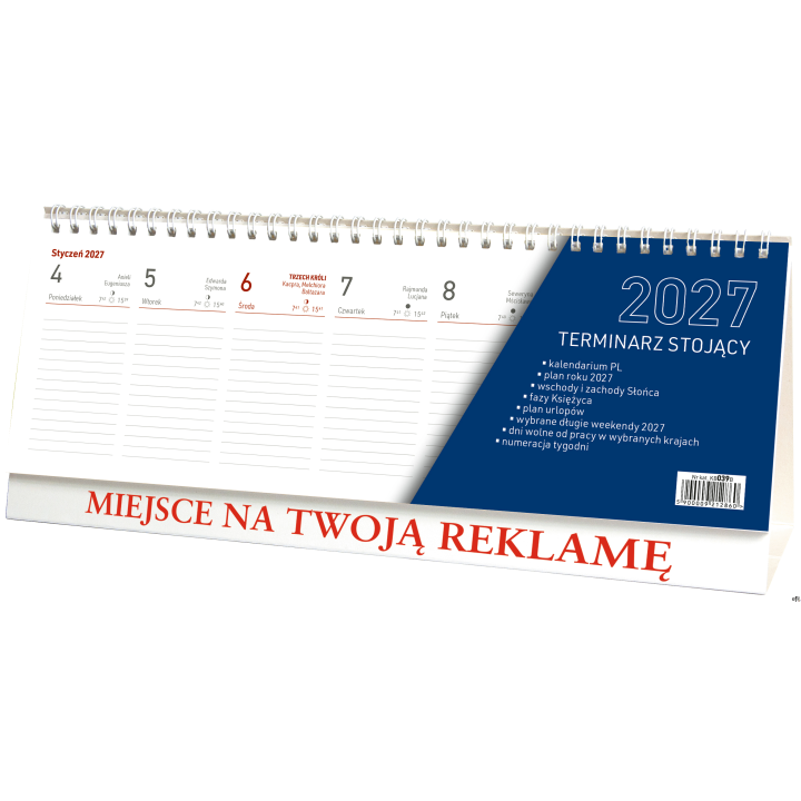nr katalogowy:&nbsp;KB039Bukład: tygodniowyilość stron: 60papier biały 70 g/m2format kalendarium: 296 x 103 mmdruk: 2+2format kalenda