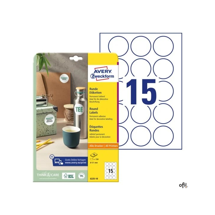 Etykiety o nietypowych kształtach, A4, 10 ark./op., Q51 mm, okrągłe, trwałe, AVERY ZWECKFORM, 6225.10.01