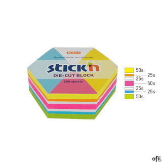 Notes sześciokąt, 61x70mm, mix 5 kol. neon+biały, 250kart. Stickn 21827