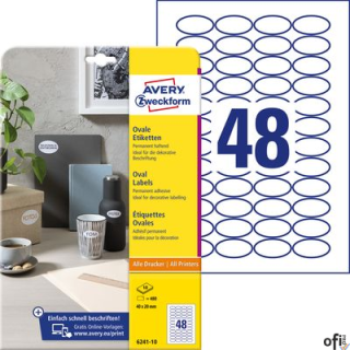 Etykiety o nietypowych kształtach, A4, 10 ark./op., 40x20 mm, owalne, trwałe, AVERY ZWECKFORM, 6241.10.01