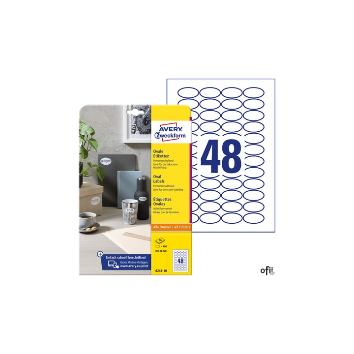 Etykiety o nietypowych kształtach, A4, 10 ark./op., 40x20 mm, owalne, trwałe, AVERY ZWECKFORM, 6241.10.01