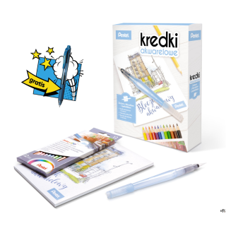 Kredki akwarelowe 12 kolorówPędzelek wodny FRHBloczek akwarelowy 15 arkuszy W zestawie: kredki akwarelowe 12 kolorów, pędzelek w