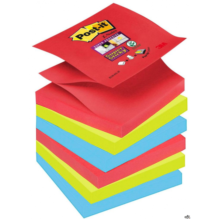 Bloczek samoprzylepny POST-IT Super sticky Z-Notes (R330-6SS-JP), 76x76mm, 6x90 kart., paleta Bora Bora
