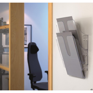 Zestaw 2 pojemników na dokumenty formatu A4. Wymiary: 247 x 360 x 100 mm (SxWxG).