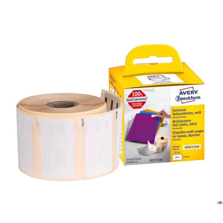 • Usuwalne etykiety uniwersalne Avery Zweckform w rolce do drukarek termicznych• Są kompatybilne z: Dymo LabelWriter 300er-, 400