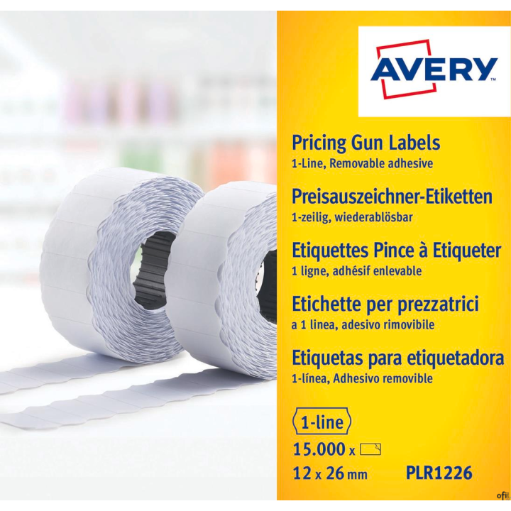 Usuwalne etykiety cenowe w rolce PLR1226 12x26 do metkownicy jednorzędowej Avery Zweckform, 1500 etyk./rolka, 10 rolek/op., biał