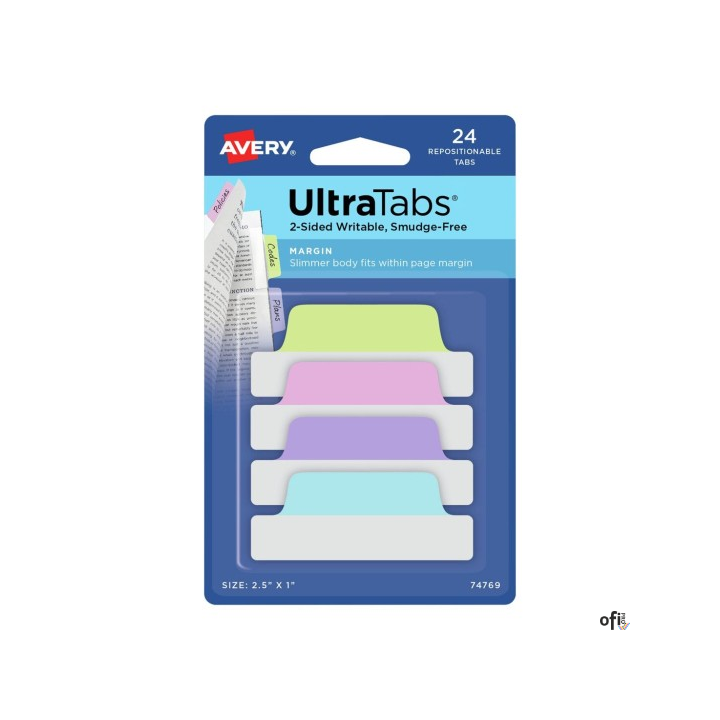 Ultra Tabs - samoprzylepne zakładki indeksujące, kolorowe, pastelowe, 63,5x25, 24 szt., Avery Zweckform 74769