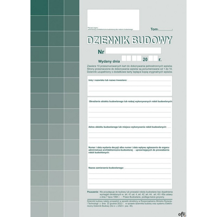 603-S11 Dziennik  Budowy A4, 20str.  (10 kompletów oryginał+kopia) samokopia Michalczyk i Prokop