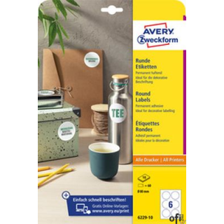 Etykiety o nietypowych kształtach, A4, 10 ark./op., Q80 mm, okrągłe, trwałe, AVERY ZWECKFORM, 6229.10.01 6229-10 biale
