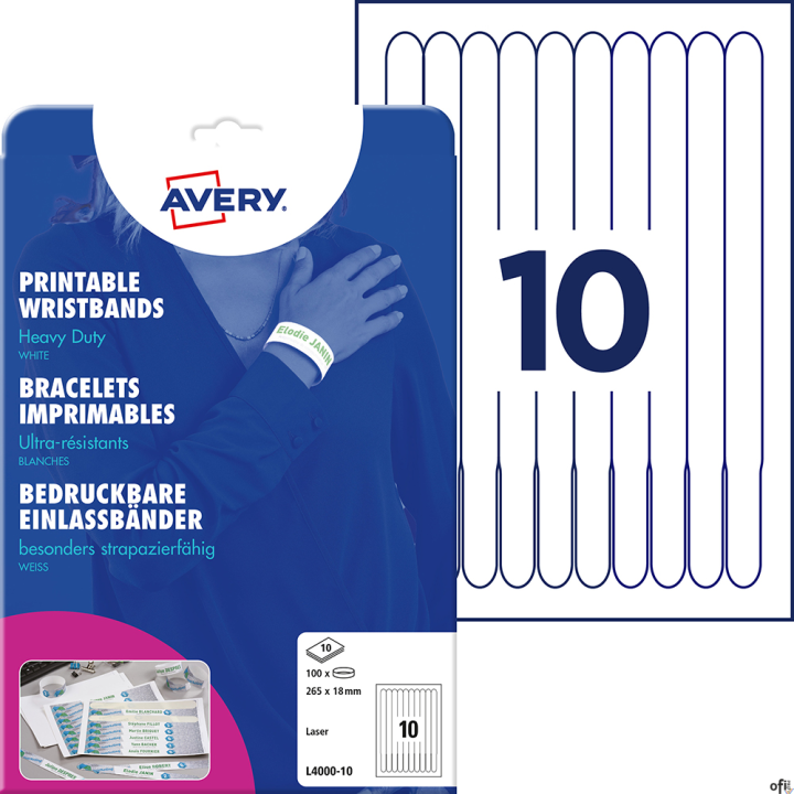 Opaski identyfikacyjne L4000-10 265 x 18 10ark białe, poliestrowe, na nadgarstki, Avery Zweckform, (X)