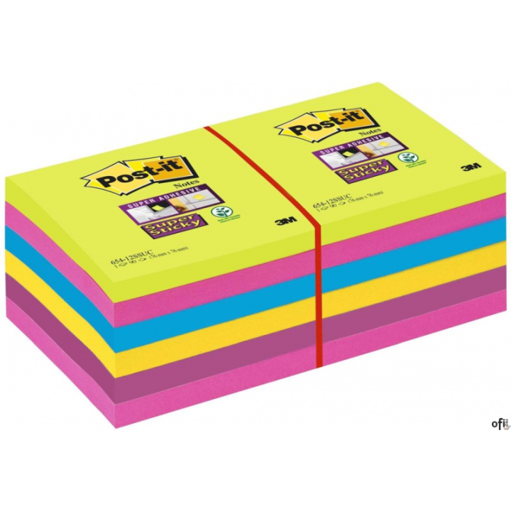 Bloczek samoprzylepny POST-IT_ Super Sticky, 76x76mm, ZESTAW 12x90 kart., (12) neonowe 654 -12SSUC (X)