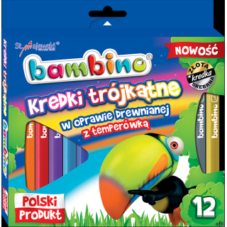 Kredki trójkątne BAMBINO 12 kolorów temperówka w oprawie drewnianej