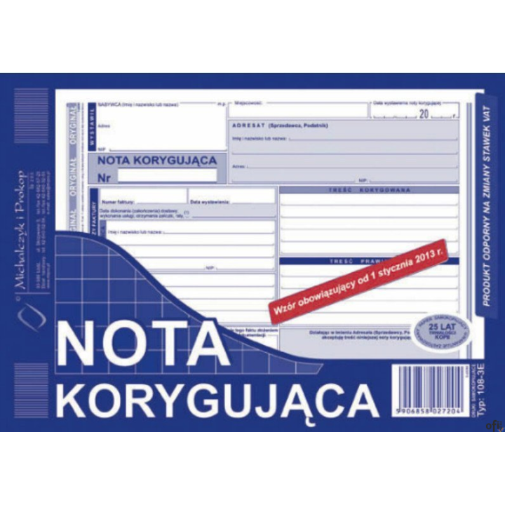 NK Nota korygująca VAT netto (pełna), A-5