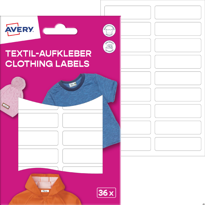 Naklejki na ubrania; 46 x 13 mm, 2 ark/36 naklejek., białe, AVERY ETVET36