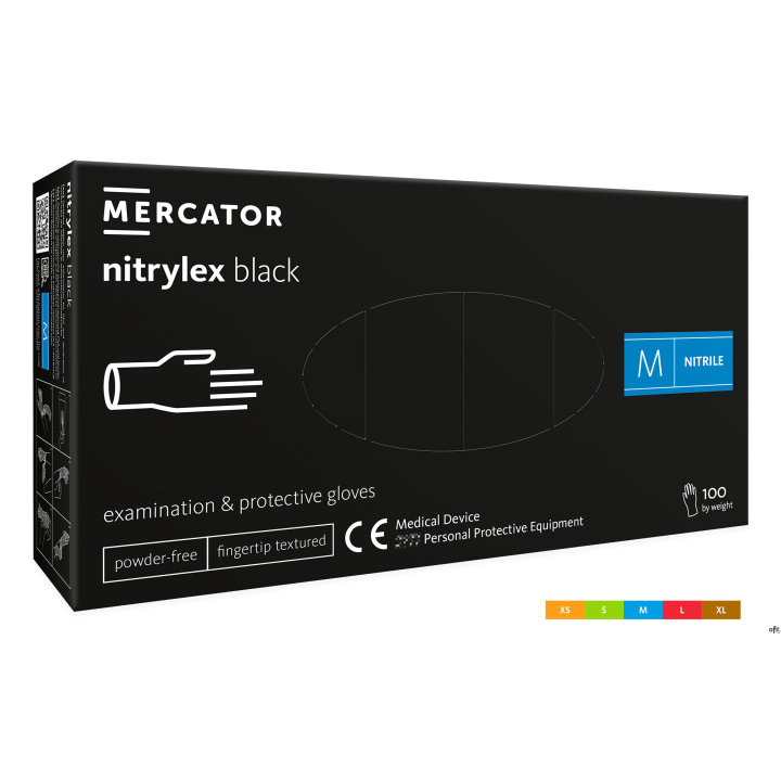 Rękawice nitrylowe bezpudrowe diagnostyczne MERCATOR, nitrylex black, (100 szt.), rozmiar XS, czarne