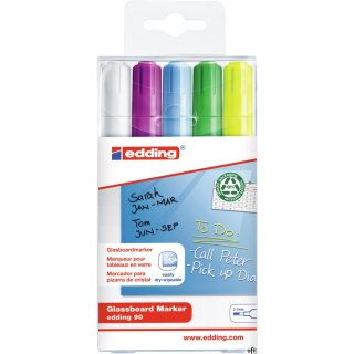 Marker EDDING do tablic szklanych biały + mix kolorów, etui 5 szt. 90/5s/049/b ed suchościeralny