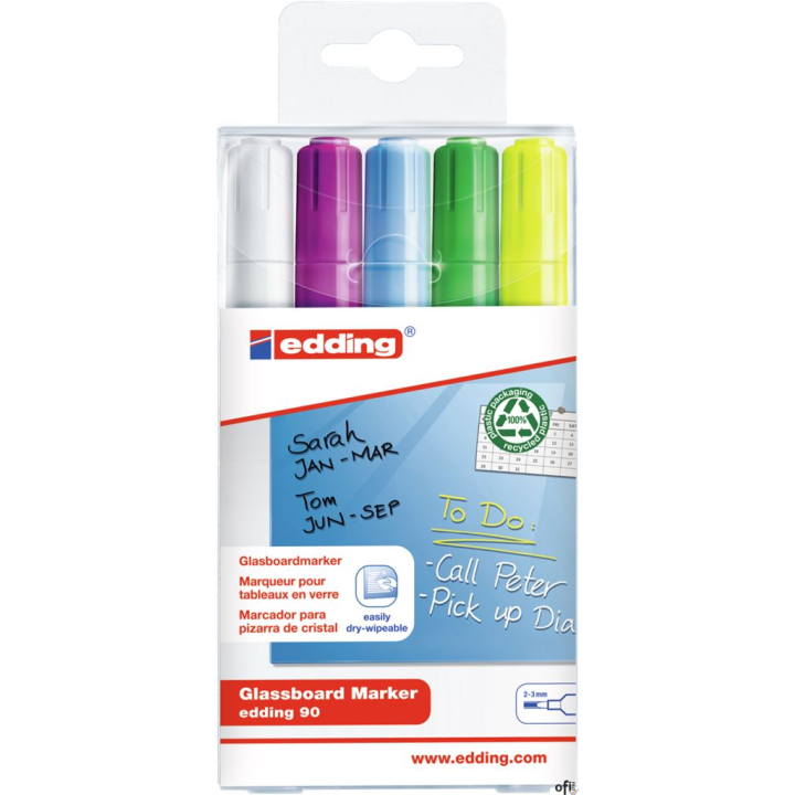 Marker EDDING do tablic szklanych biały + mix kolorów, etui 5 szt. 90/5s/049/b ed suchościeralny