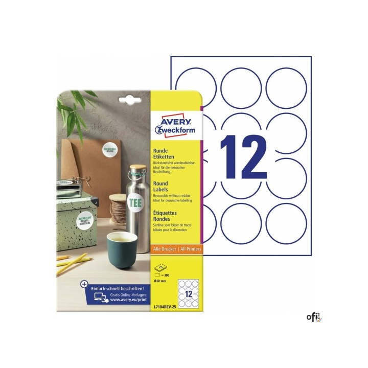 Okrągłe etykiety usuwalne Q 60 mm 25 ark. Avery Zweckform L7104REV-25