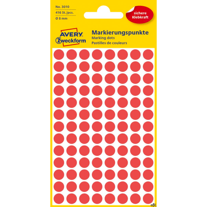 Kółka do zaznaczania kolorowe, 416 etyk./op., Q8 mm, czerwone Avery Zweckform, 3010