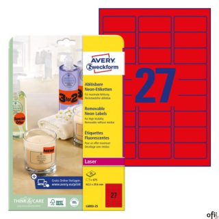 Etykiety neonowe, A4, 25 ark./op., 63,5 x 29,6 mm, czerwone neonowe, AVERY ZWECKFORM, L6003-25