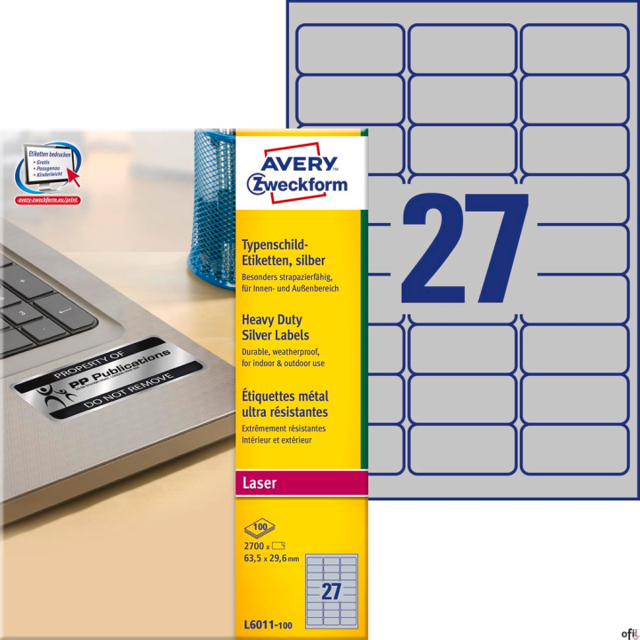 Etykiety znamionowe L6011-100 63,5 x 29,6 100ark srebrne, poliestrowe, Avery Zweckform