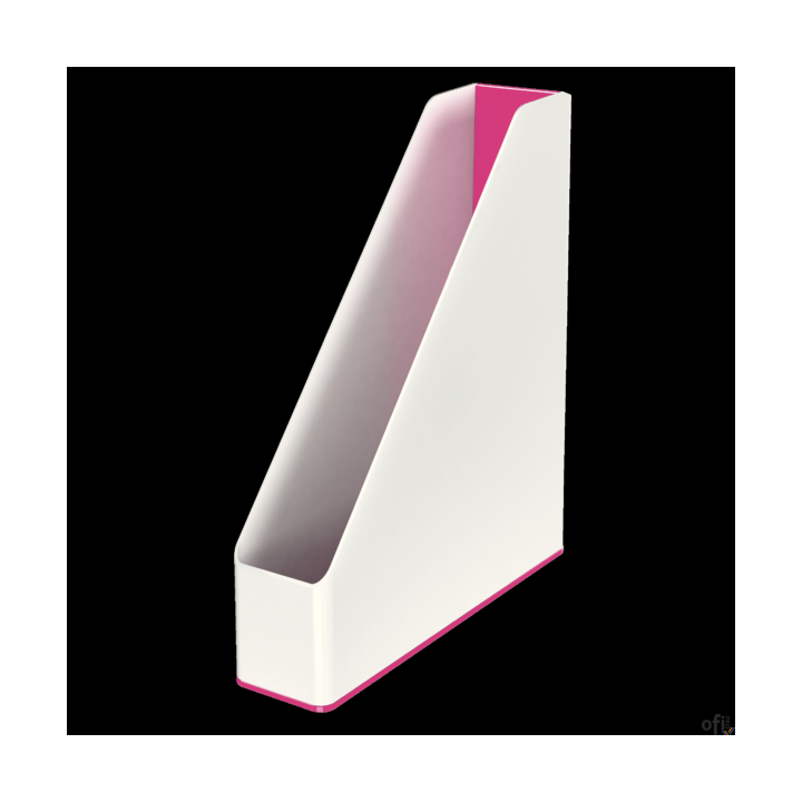 Najwyższej jakości pojemnik na czasopisma. Wzornictwo i kolorystyka spójna z linią produktów na biurko Leitz Plus.