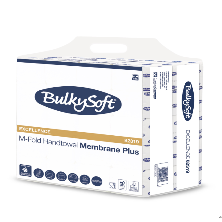 Ręcznik papierowy BulkySoft Premium składany typu M-Fold ULTRA 4 panelowy, 3 warstwy, kolor biały, celuloza, 1800 szt./kart.Nume