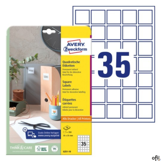 Etykiety o nietypowych kształtach, A4, 10 ark./op., 35x35 mm, kwadratowe, trwałe, AVERY ZWECKFORM, 6251.10.01