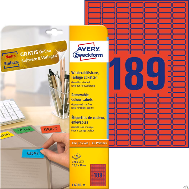 Etykiety czerwone L6036-20 25,4 x 10 20 ark usuwalne, Avery Zweckform (X)