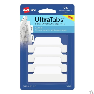 Ultra Tabs - samoprzylepne zakładki indeksujące, białe, 63,5x25, 24 szt., Avery Zweckform 74789