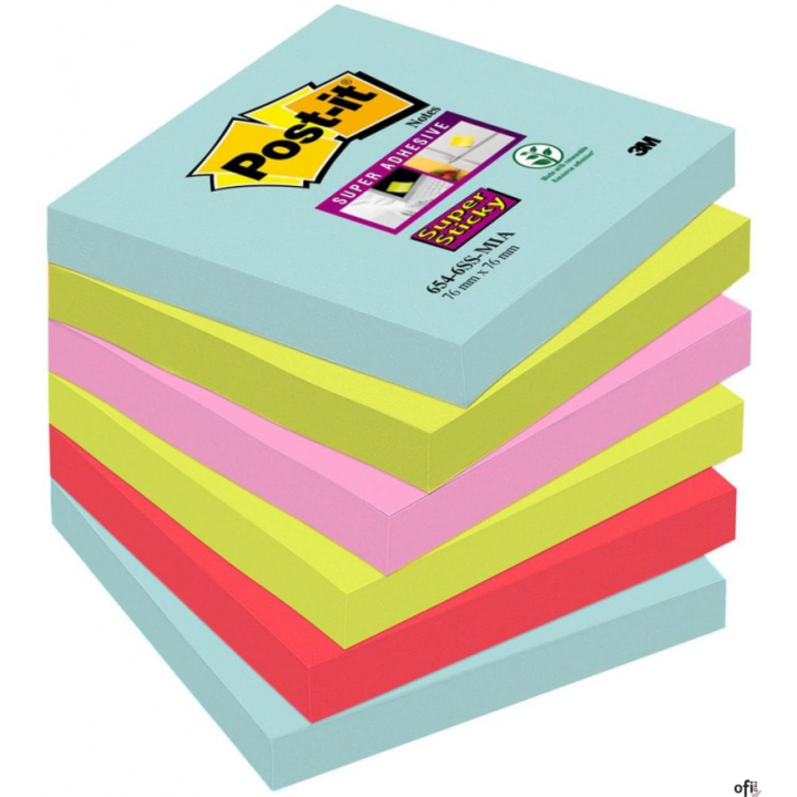 Bloczek samoprzylepny POST-IT_ Super sticky, (654-6SS-MIA), 76x76mm, 6x90 kart., paleta Miami